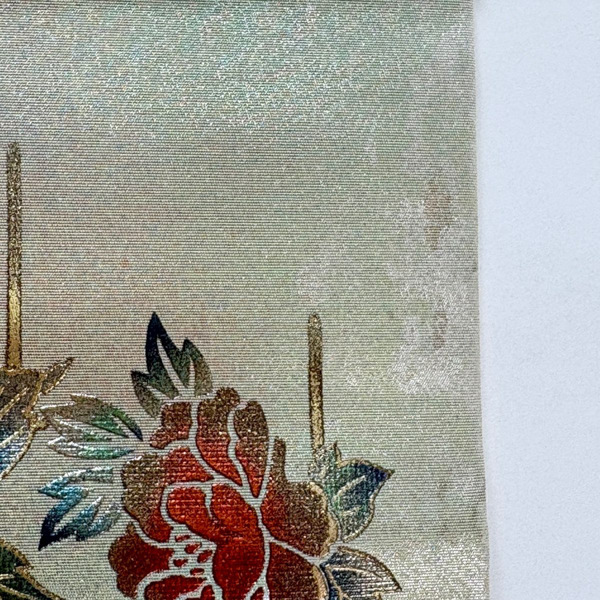 名古屋帶 秀品級 花丸紋 霞 螺鈿 金銀彩 灰綠 純蠶絲