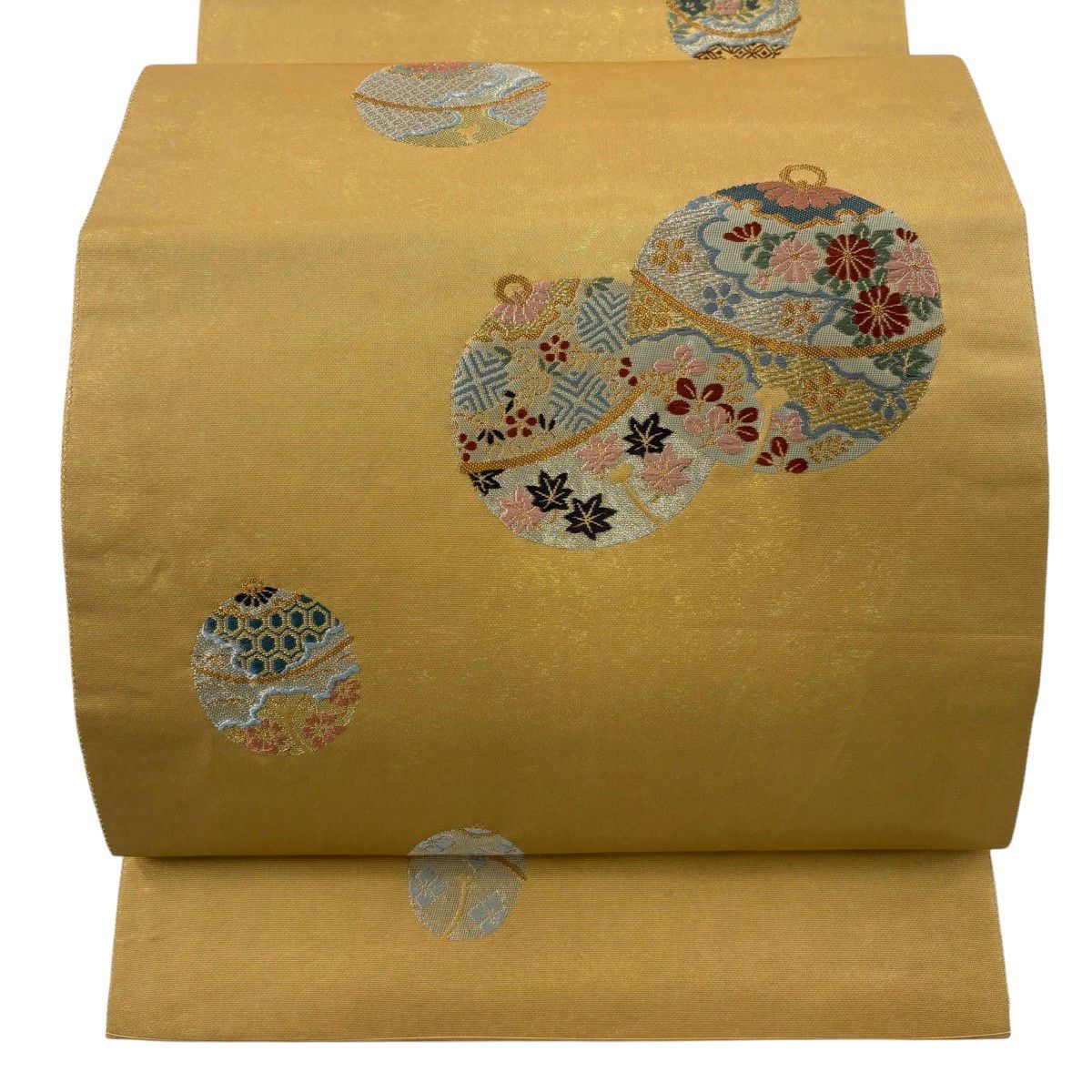 袋帶 秀品級 關西仕立 蘇草花紋 手織金金箔 刺繡 淡黃土 深藍 正蠶絲