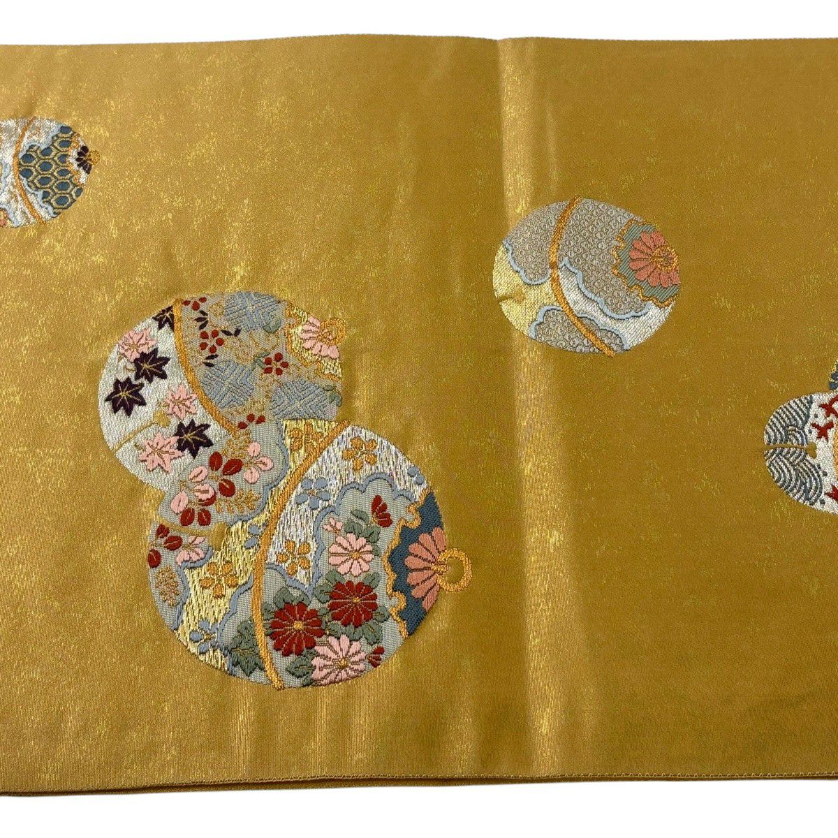 袋帶 秀品級 關西仕立 蘇草花紋 手織金金箔 刺繡 淡黃土 深藍 正蠶絲