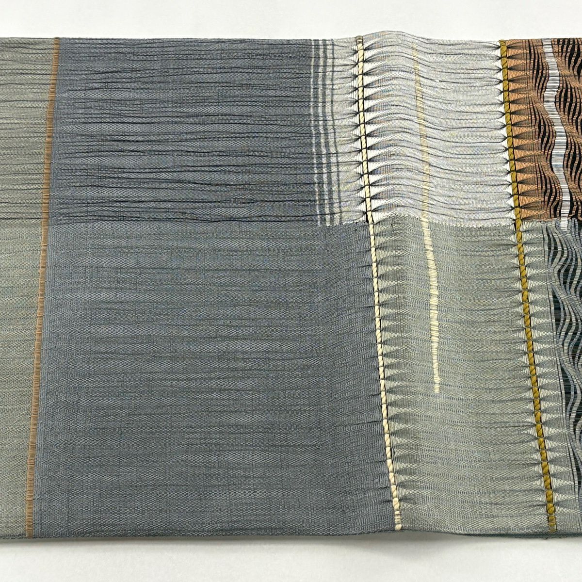 【美品】 袋帶 秀品級 縞 波 灰綠 お太鼓柄 純蠶絲