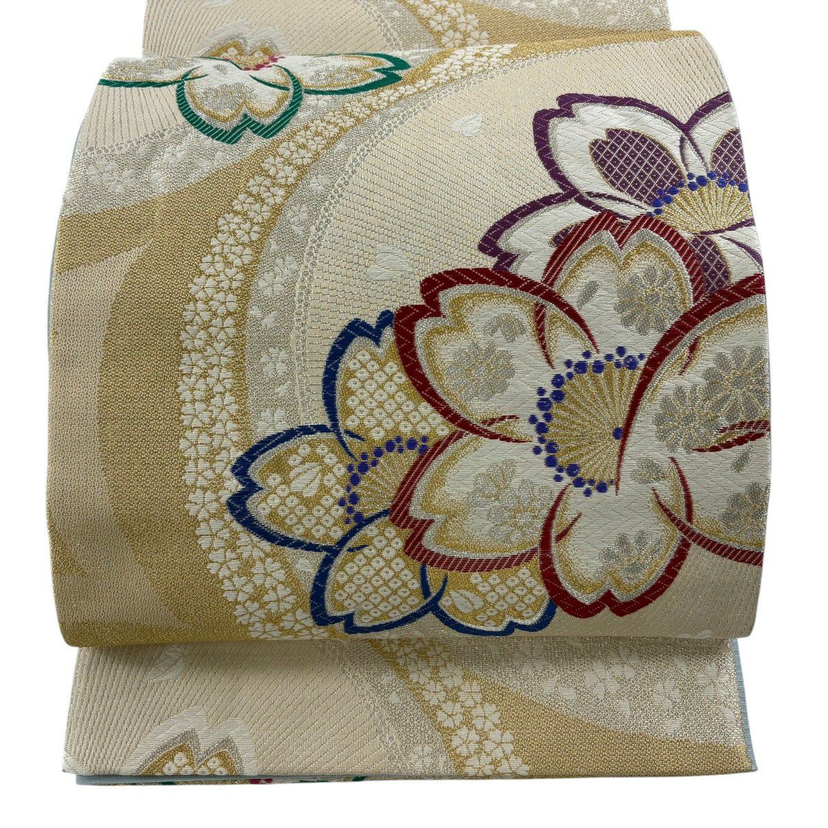 袋帶 秀品級 櫻花花瓣 刺繡 金銀線 金色 六通 純蠶絲