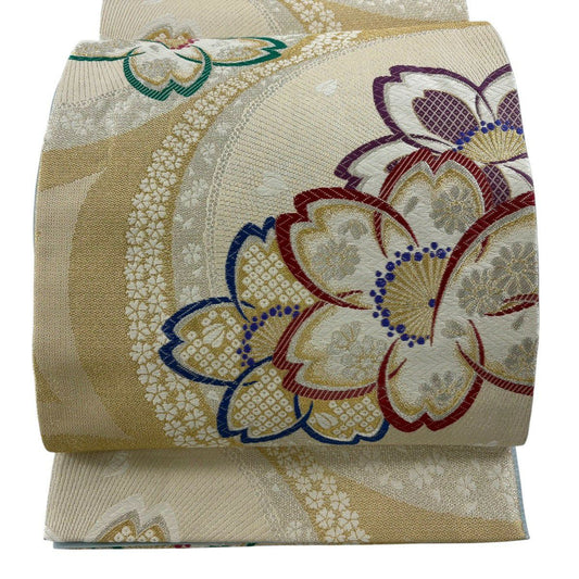 袋帶 秀品級 櫻花花瓣 刺繡 金銀線 金色 六通 純蠶絲