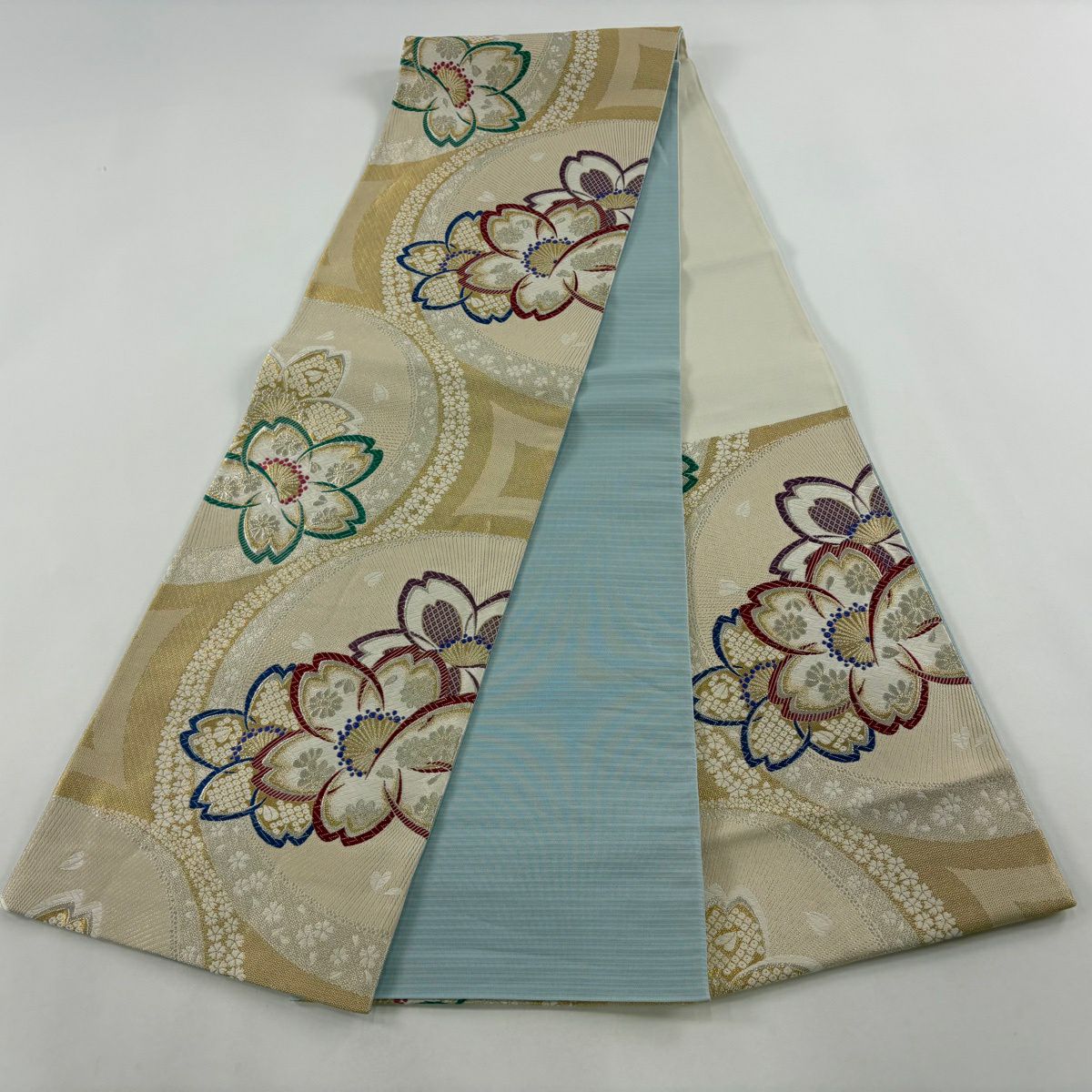 袋帶 秀品級 櫻花花瓣 刺繡 金銀線 金色 六通 純蠶絲