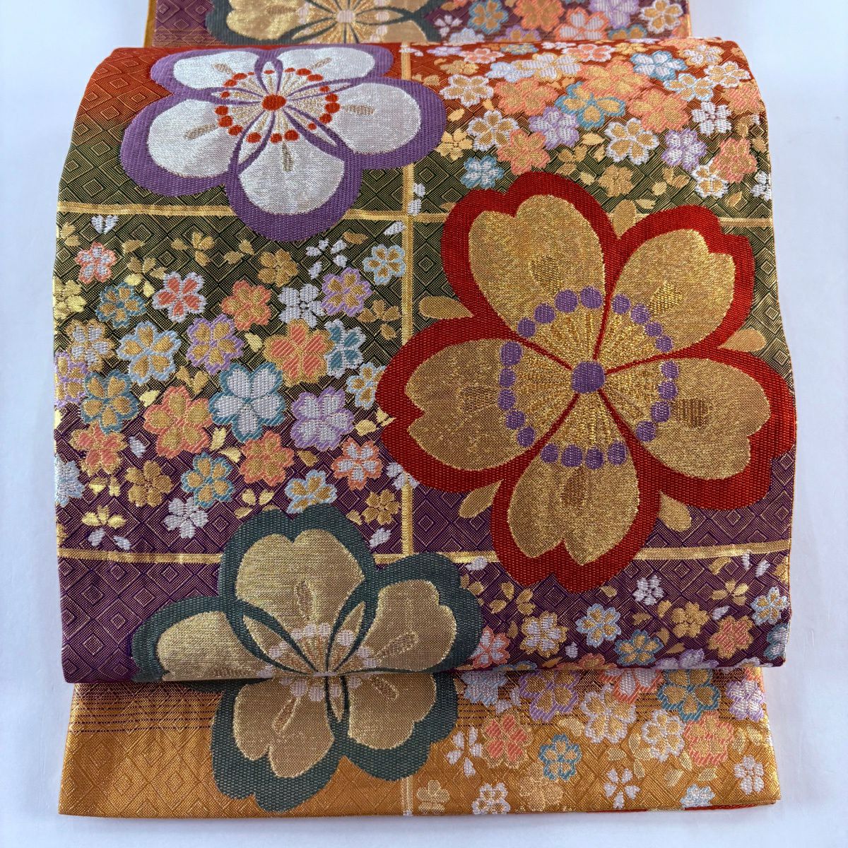 【美品】 袋帶 秀品級 樱花 金絲 金金箔 山吹色 六通 純蠶絲