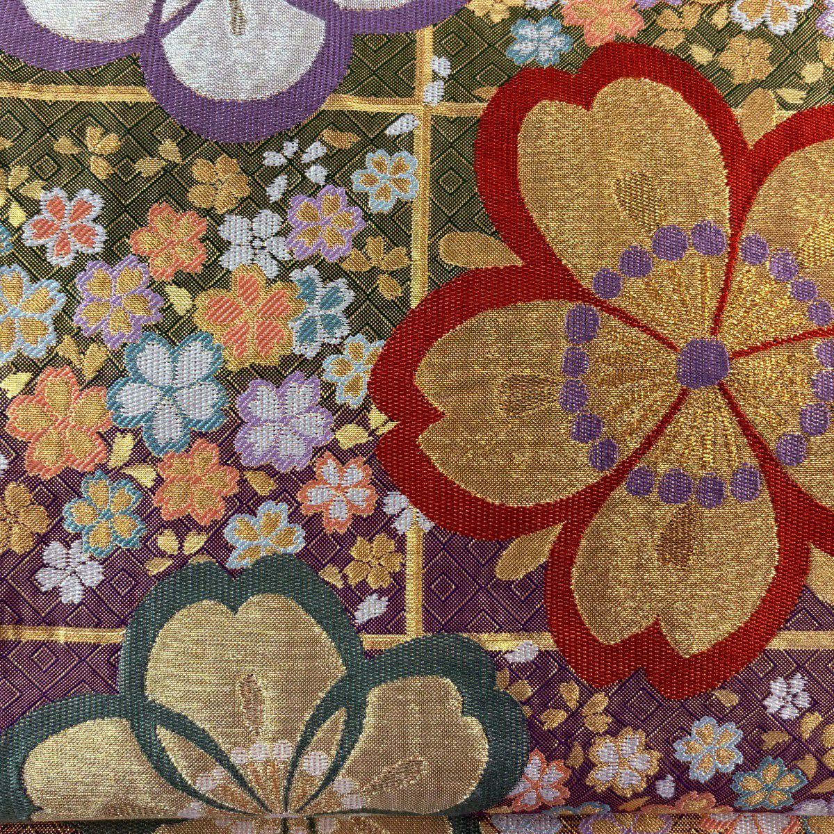 【美品】 袋帶 秀品級 樱花 金絲 金金箔 山吹色 六通 純蠶絲