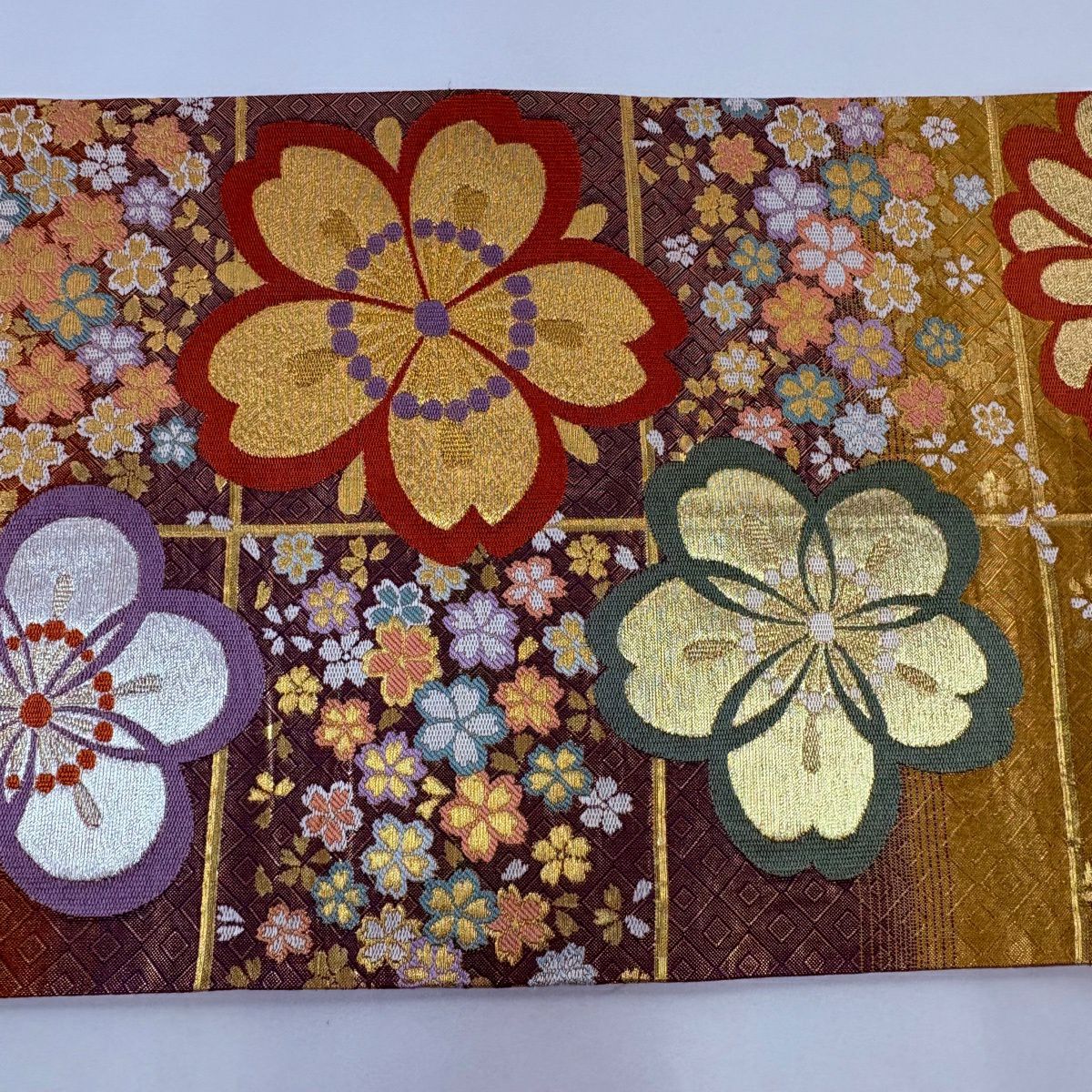 【美品】 袋帶 秀品級 樱花 金絲 金金箔 山吹色 六通 純蠶絲