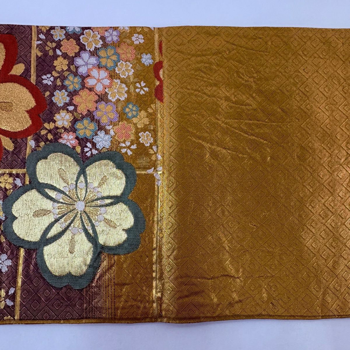 【美品】 袋帶 秀品級 樱花 金絲 金金箔 山吹色 六通 純蠶絲