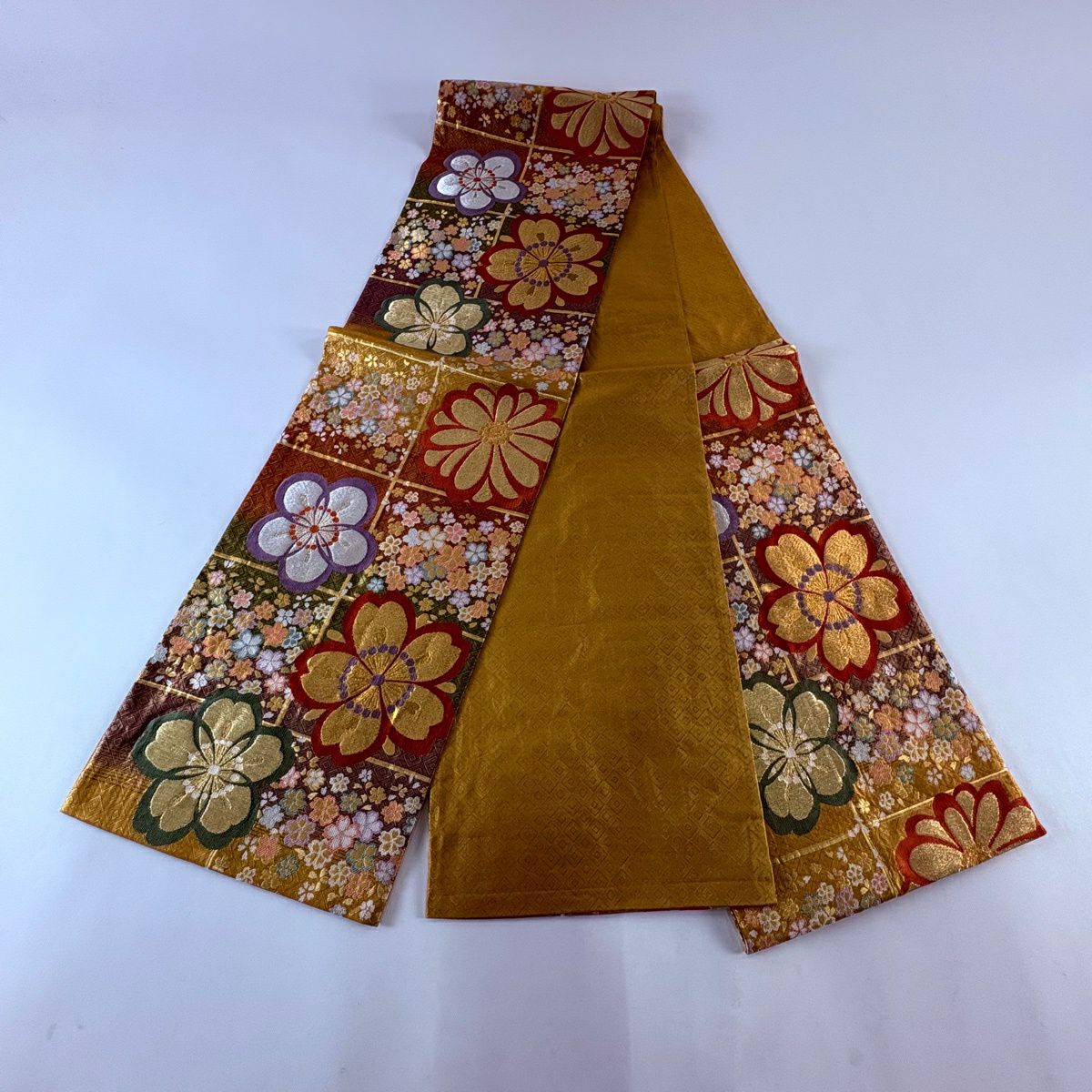 【美品】 袋帶 秀品級 樱花 金絲 金金箔 山吹色 六通 純蠶絲