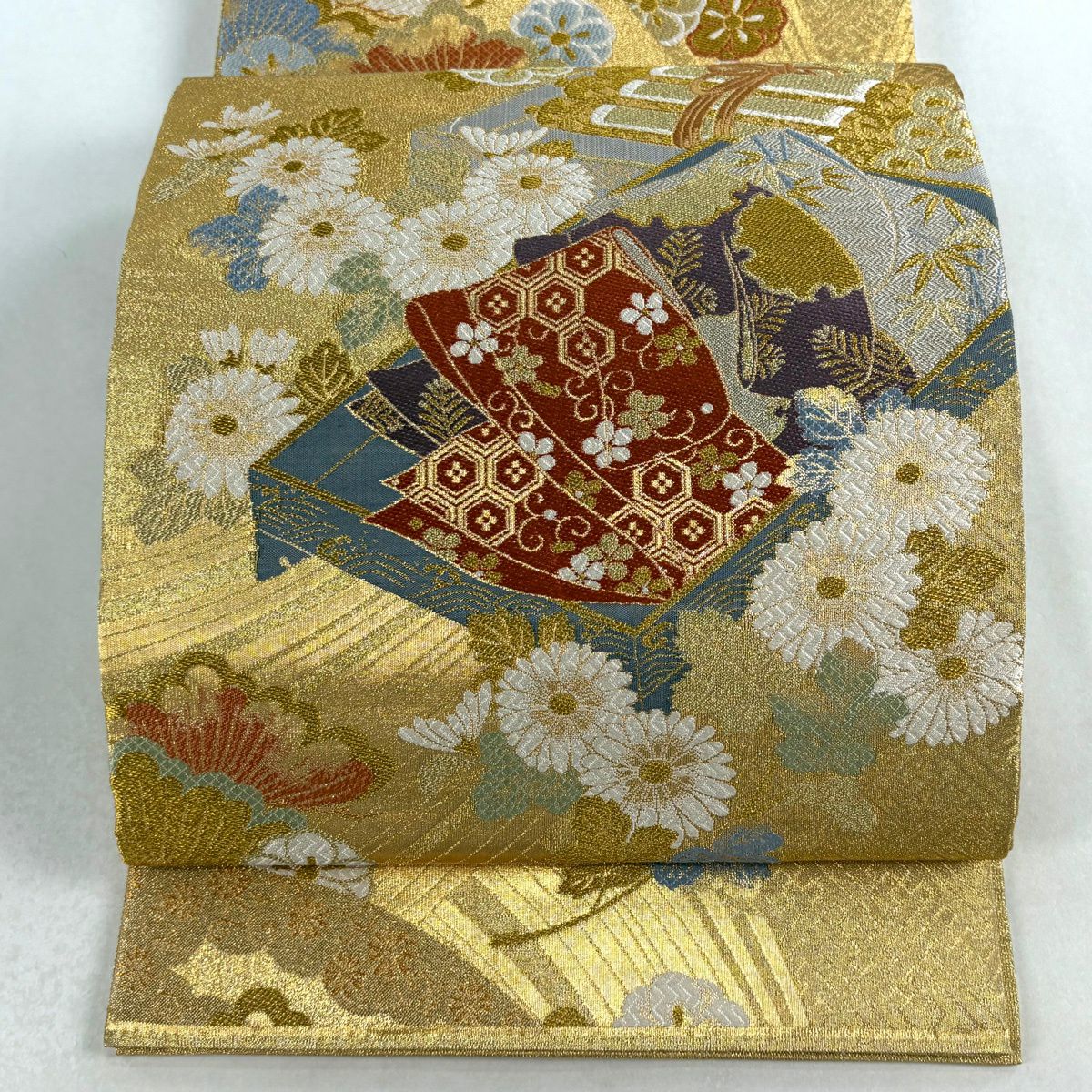 【美品】 袋帶 秀品級 草花紋紋 巻物 金絲 唐織 金 六通 純蠶絲
