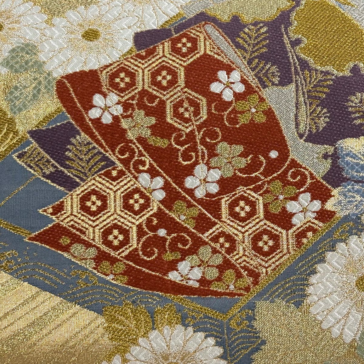 【美品】 袋帶 秀品級 草花紋紋 巻物 金絲 唐織 金 六通 純蠶絲