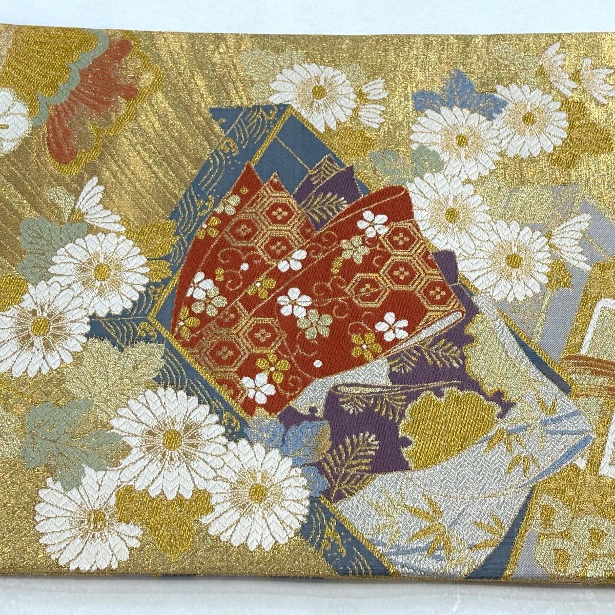 【美品】 袋帶 秀品級 草花紋紋 巻物 金絲 唐織 金 六通 純蠶絲