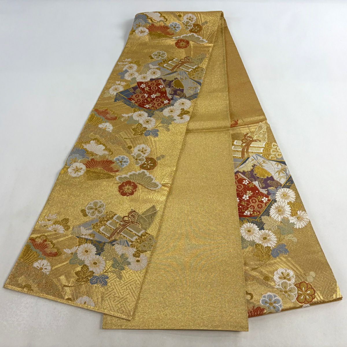 【美品】 袋帶 秀品級 草花紋紋 巻物 金絲 唐織 金 六通 純蠶絲