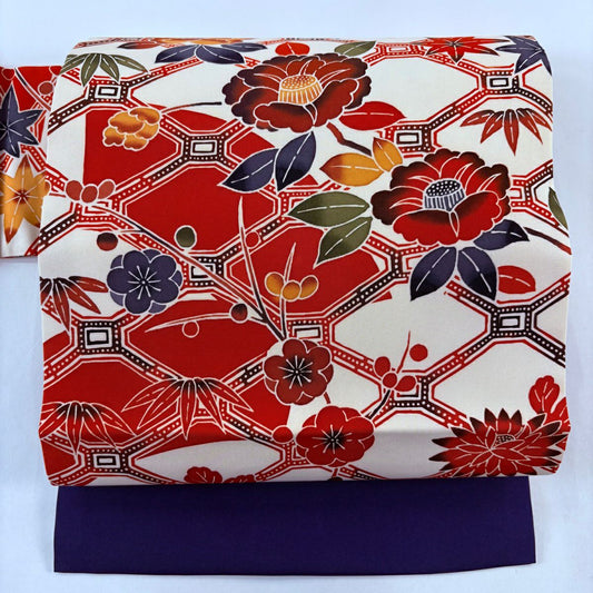 【美品】 名古屋帶 秀品級 梅花 花 椿 花 奶油色 純蠶絲