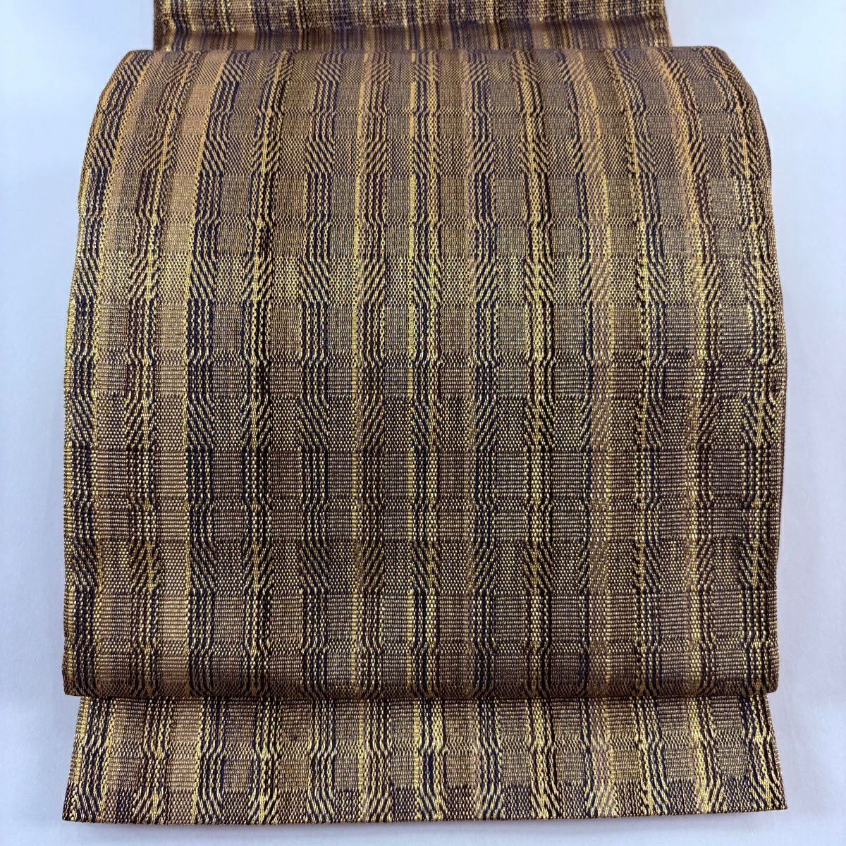【美品】 袋帶 秀品級 幾何圖案 金絲 茶綠 お太鼓圖案 純蠶絲