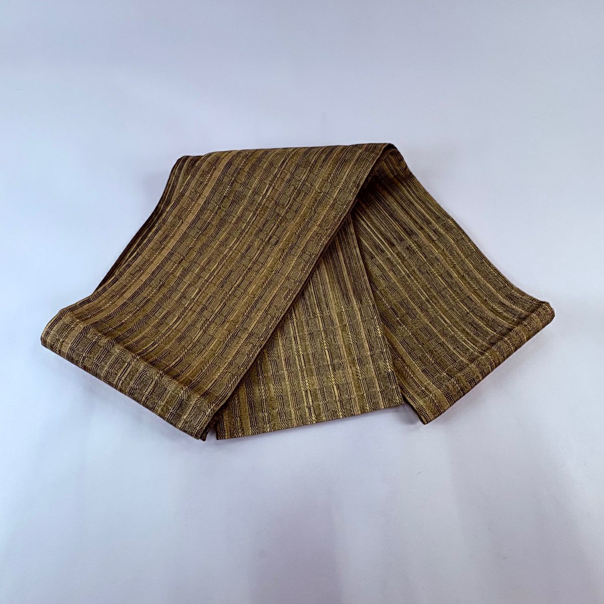 【美品】 袋帶 秀品級 幾何圖案 金絲 茶綠 お太鼓圖案 純蠶絲