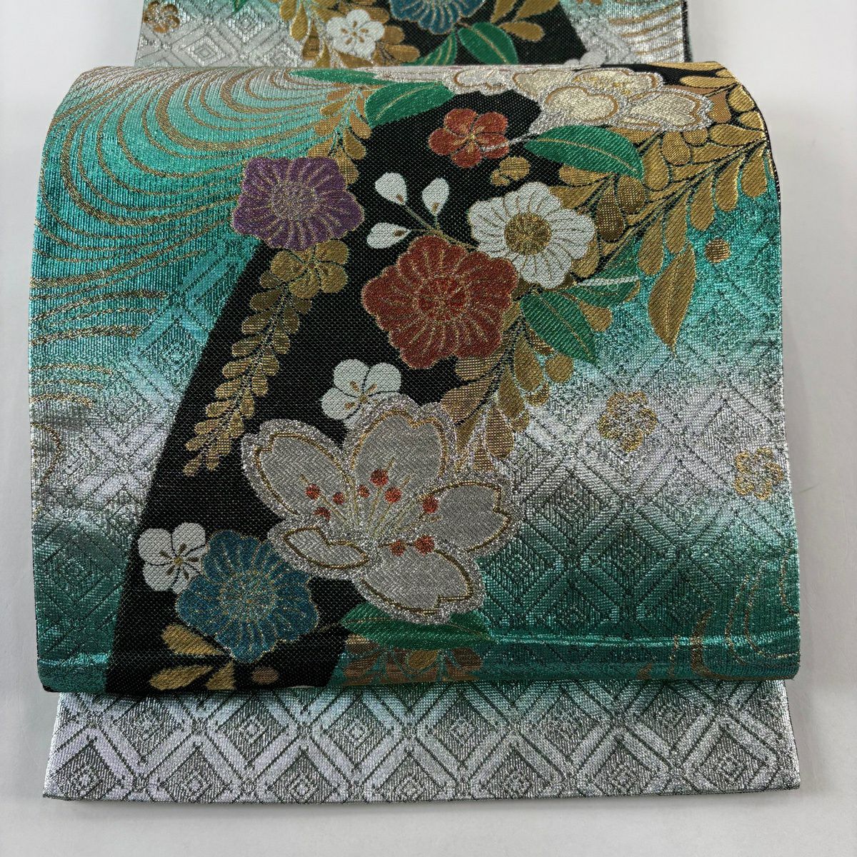 【美品】 袋帶 秀品級 證明書附帶 櫻花 草花紋紋 金銀彩 金金箔 灰綠 六通 純蠶絲