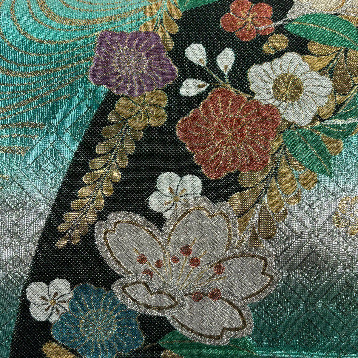 【美品】 袋帶 秀品級 證明書附帶 櫻花 草花紋紋 金銀彩 金金箔 灰綠 六通 純蠶絲