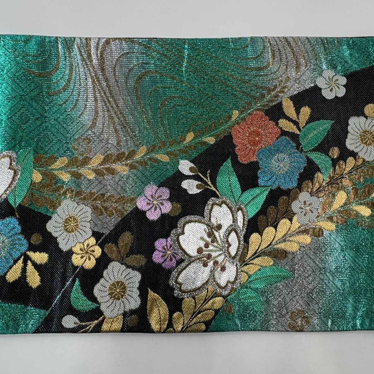 【美品】 袋帶 秀品級 證明書附帶 櫻花 草花紋紋 金銀彩 金金箔 灰綠 六通 純蠶絲