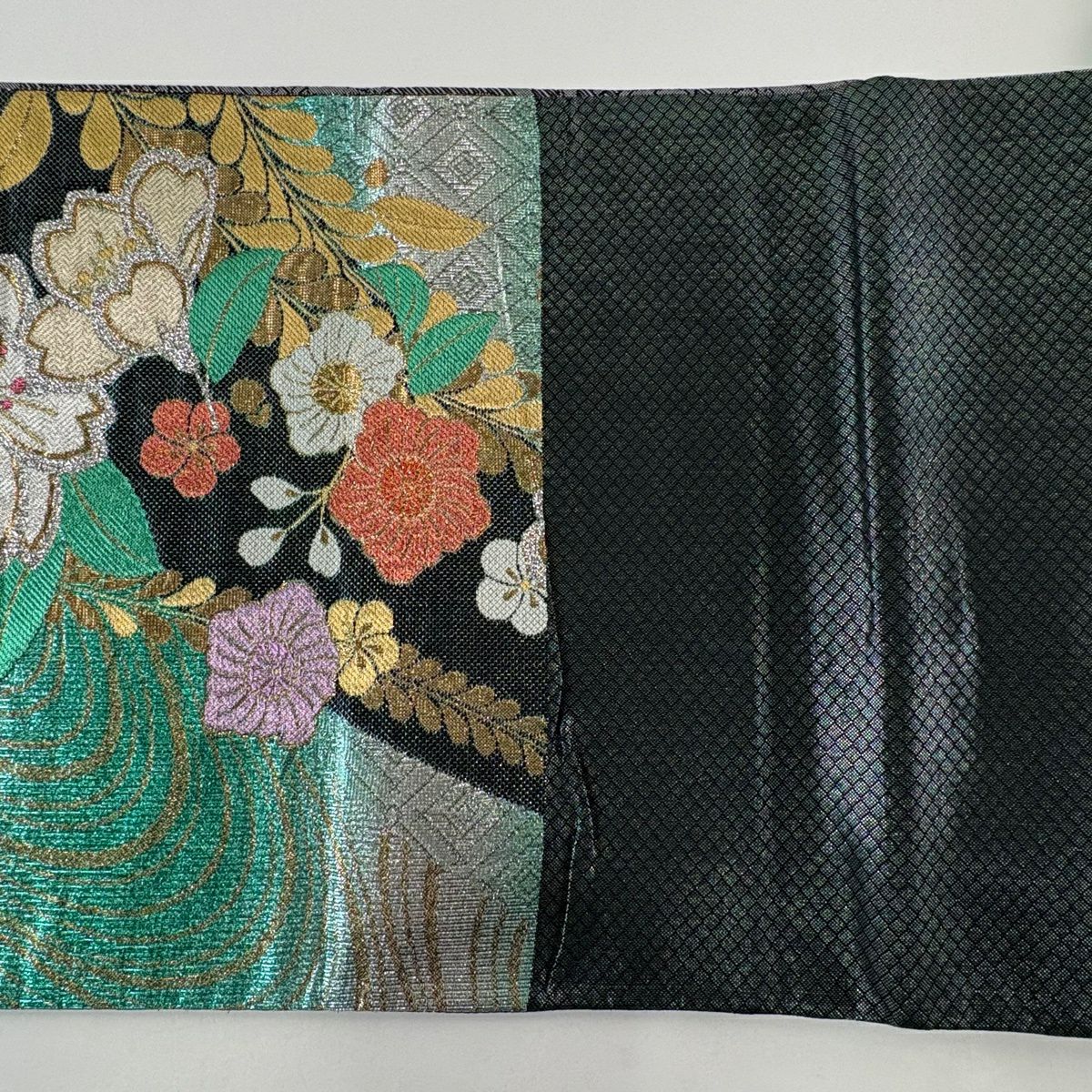 【美品】 袋帶 秀品級 證明書附帶 櫻花 草花紋紋 金銀彩 金金箔 灰綠 六通 純蠶絲