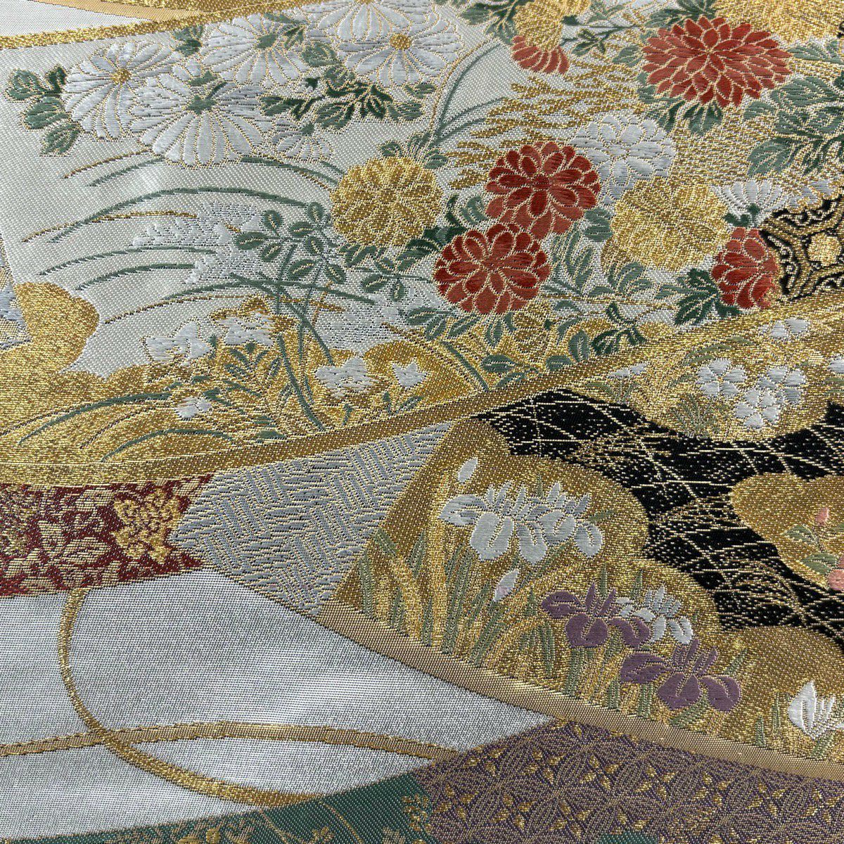 【美品】 袋帶 秀品級 秋草 雲文 金絲 銀 六通 純蠶絲