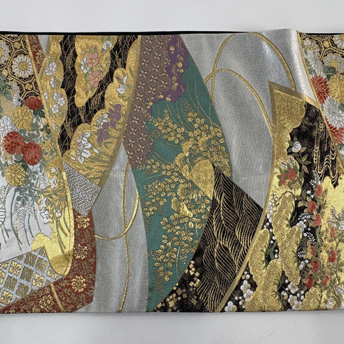 【美品】 袋帶 秀品級 秋草 雲文 金絲 銀 六通 純蠶絲
