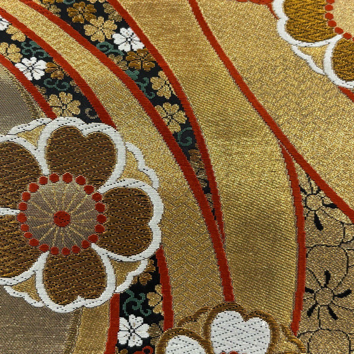 【美品】 袋帶 秀品級 草花紋 金糸 金 六通 純蠶絲
