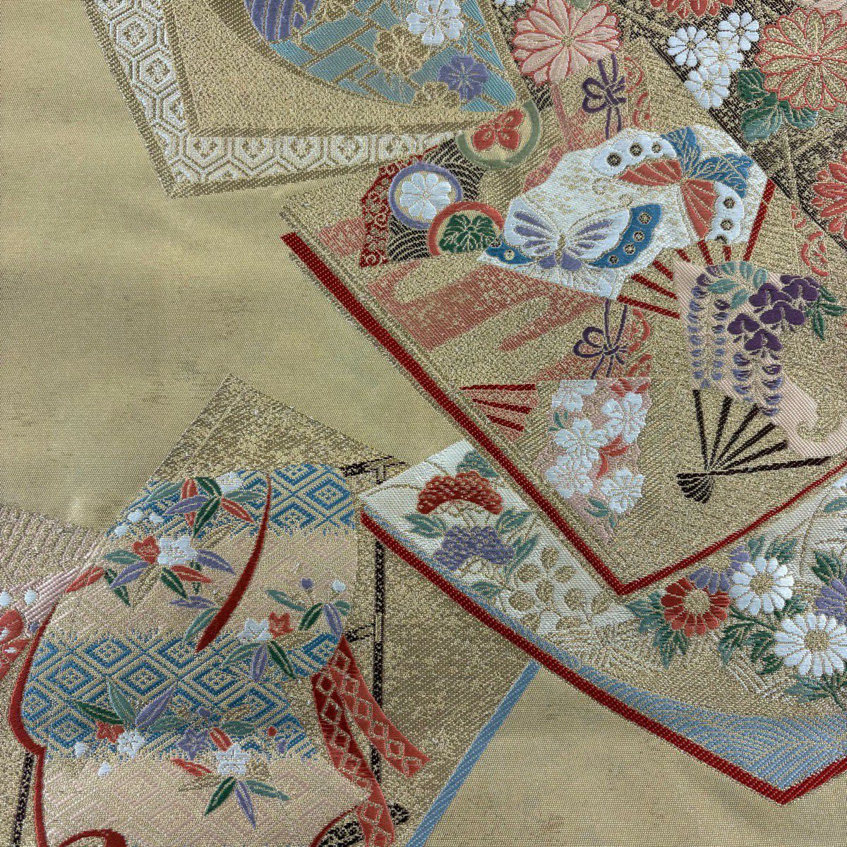 【美品】 袋帶 秀品級 冊子 草花紋紋 金金箔 金絲 金茶 お太鼓柄 純蠶絲