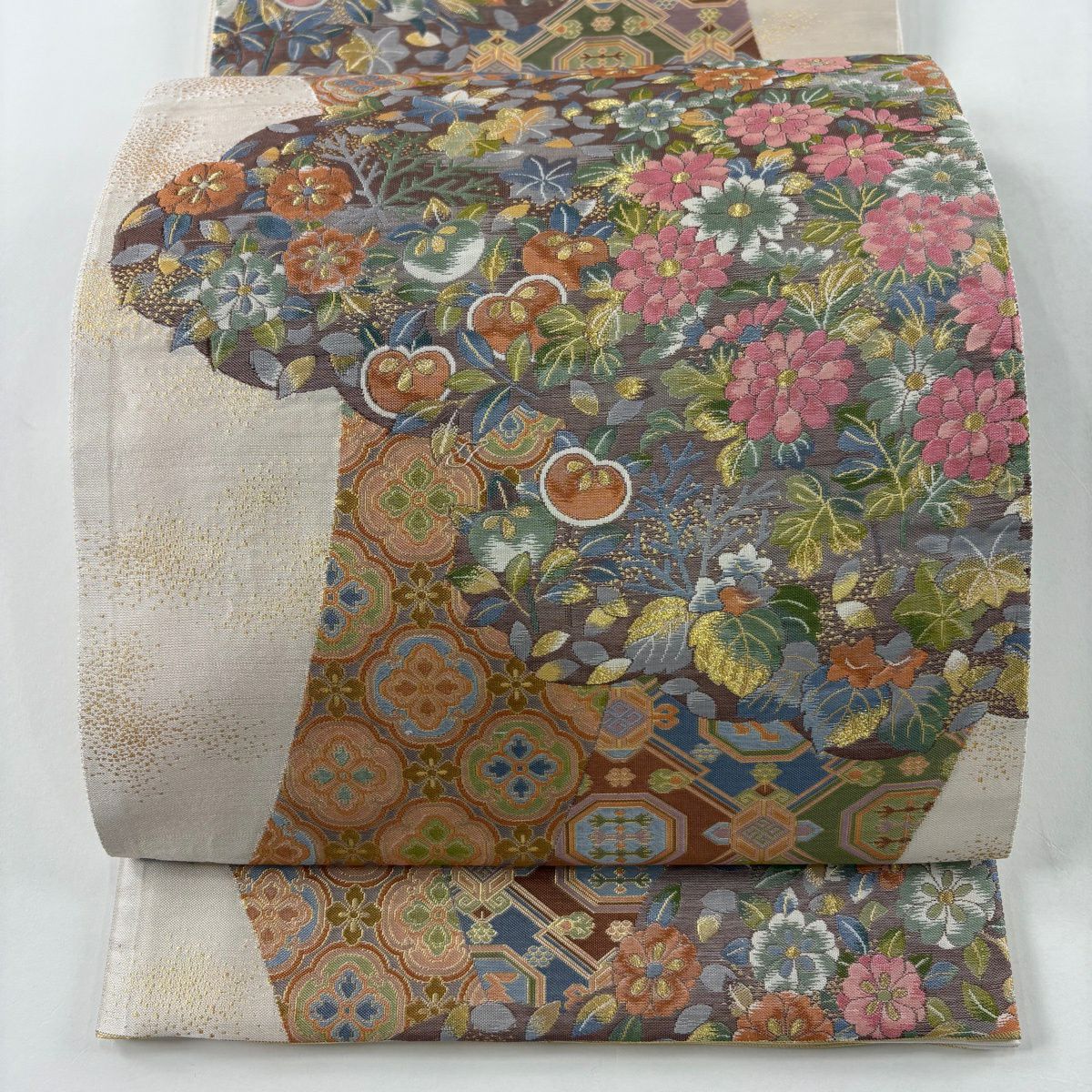 【美品】 袋帶 秀品級 草花紋紋 馬 金金箔 金絲 淺粉色 六通 純蠶絲