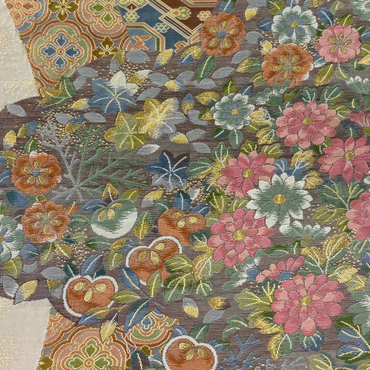 【美品】 袋帶 秀品級 草花紋紋 馬 金金箔 金絲 淺粉色 六通 純蠶絲