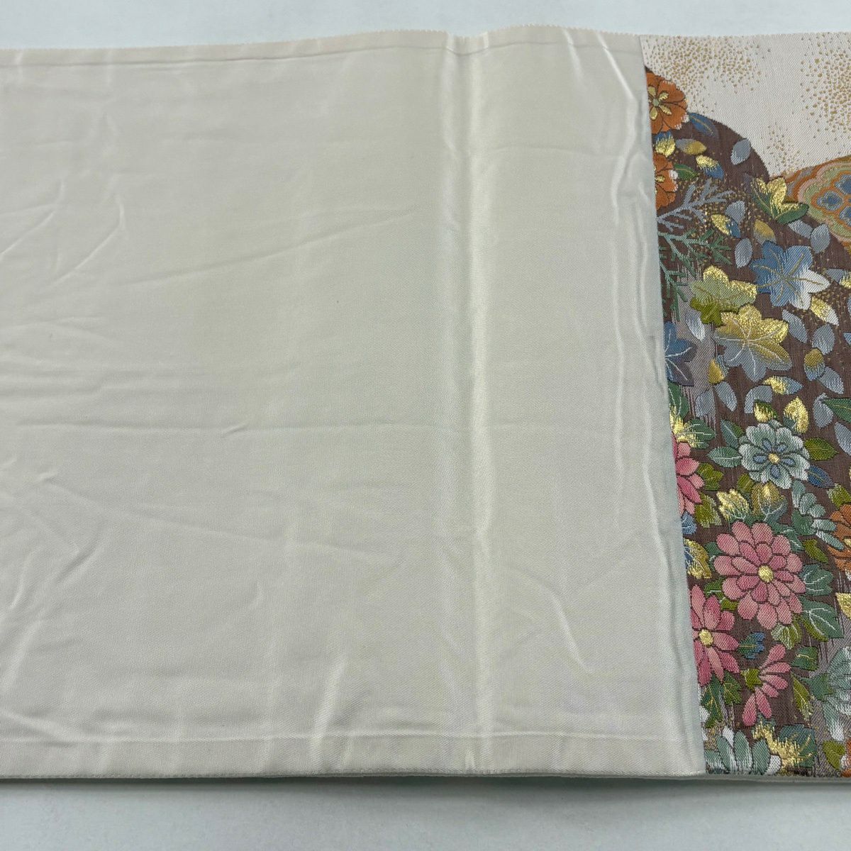 【美品】 袋帶 秀品級 草花紋紋 馬 金金箔 金絲 淺粉色 六通 純蠶絲