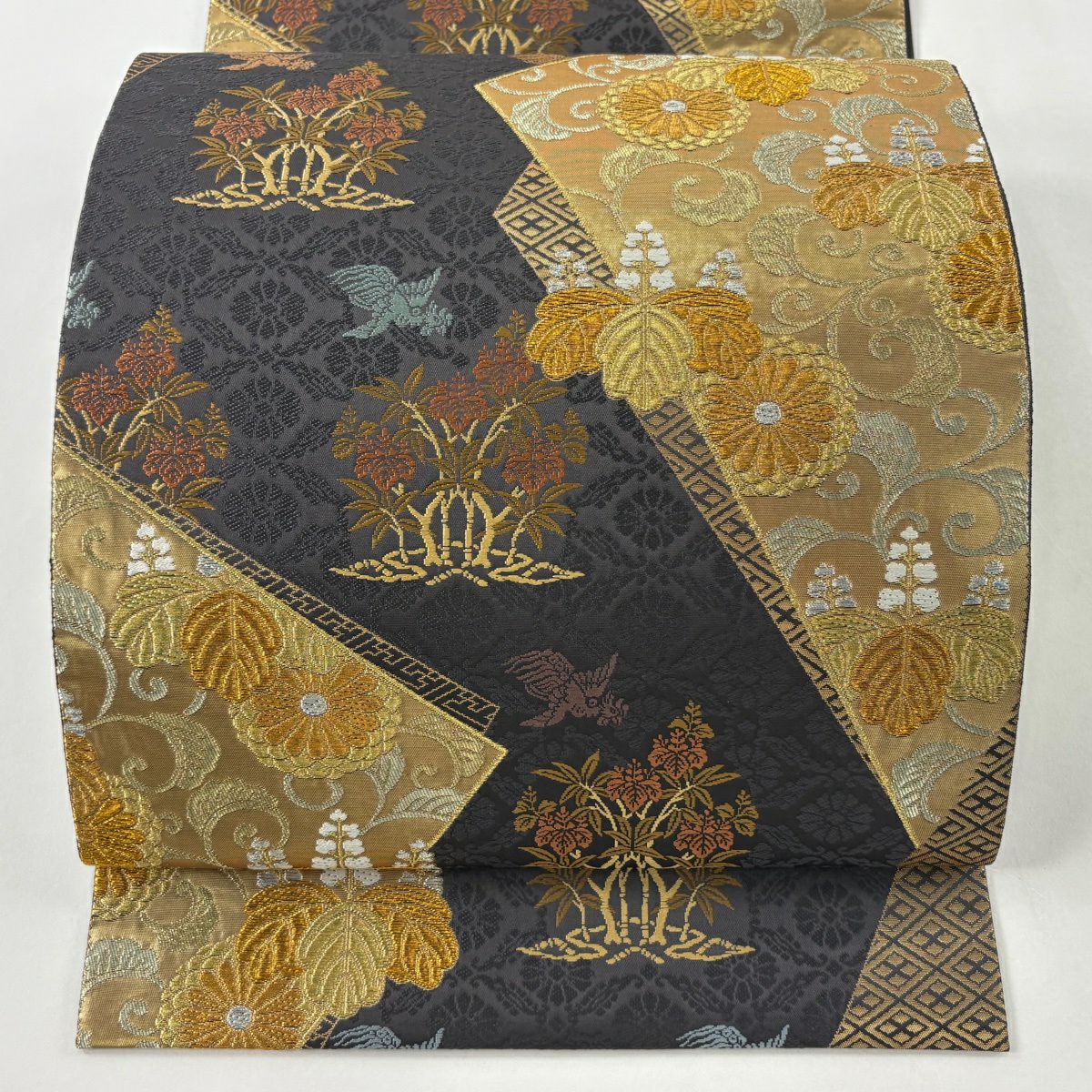 【美品】 袋帶 秀品級 花鳥 桐 金銀彩 刺繡 濃紫 六通 純蠶絲