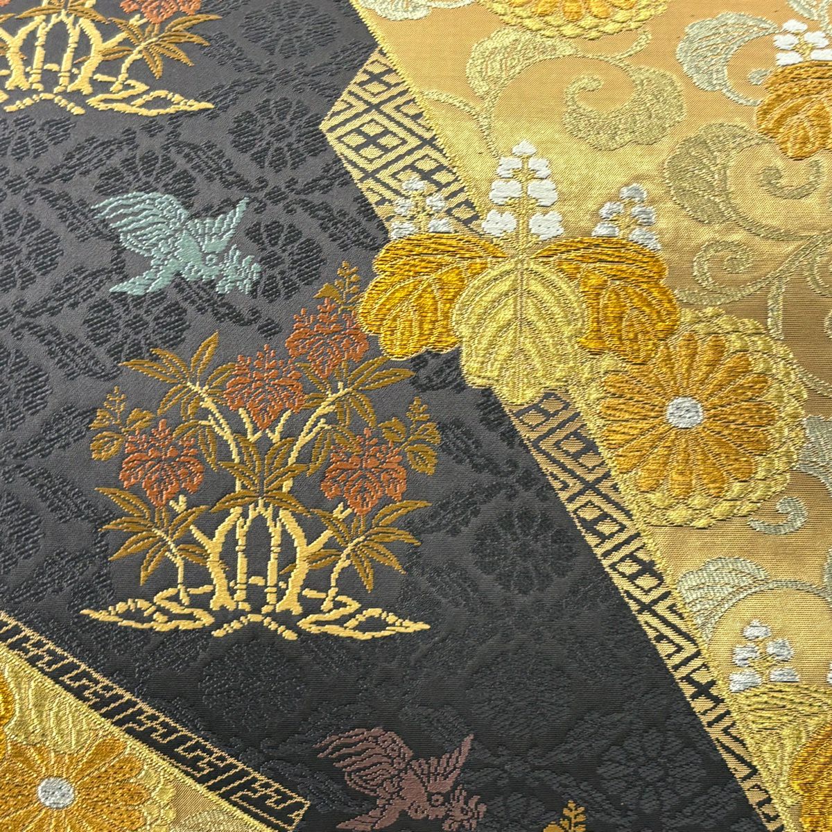 【美品】 袋帶 秀品級 花鳥 桐 金銀彩 刺繡 濃紫 六通 純蠶絲