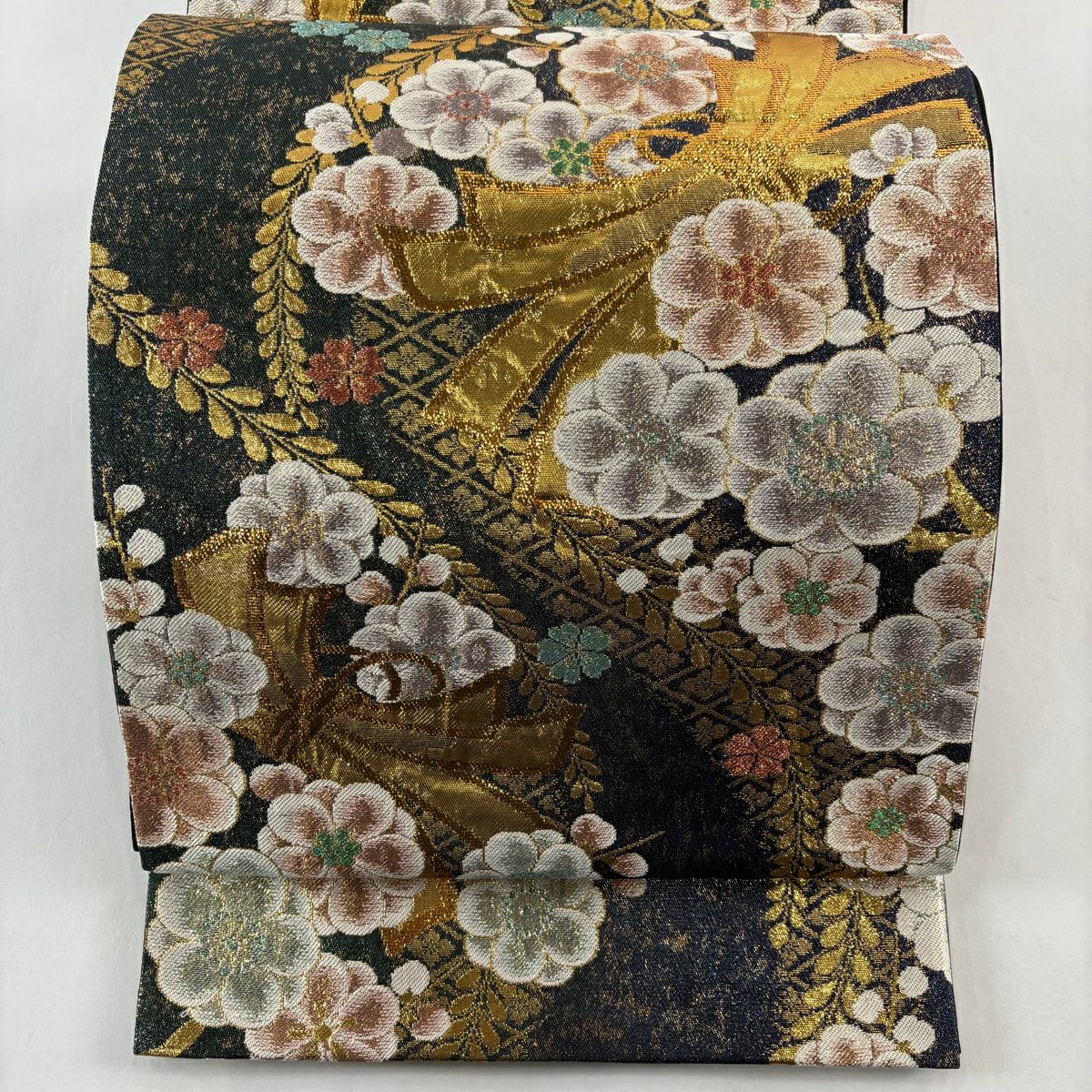 【美品】 袋帶 秀品級 枝梅花 束捆熨斗紋 金金箔 金銀彩 青綠 六通 純蠶絲