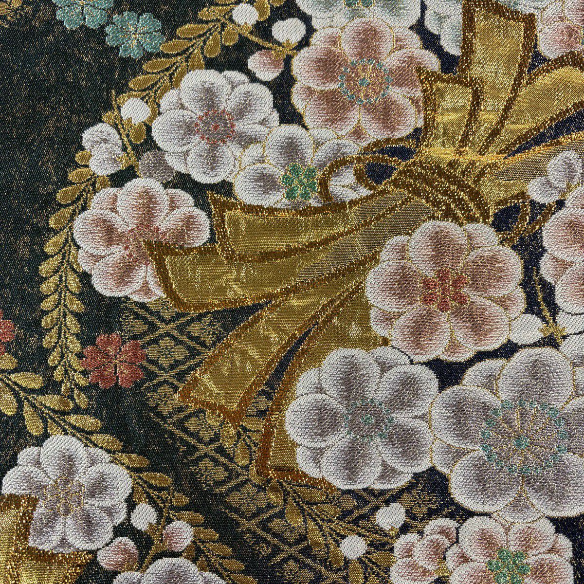 【美品】 袋帶 秀品級 枝梅花 束捆熨斗紋 金金箔 金銀彩 青綠 六通 純蠶絲
