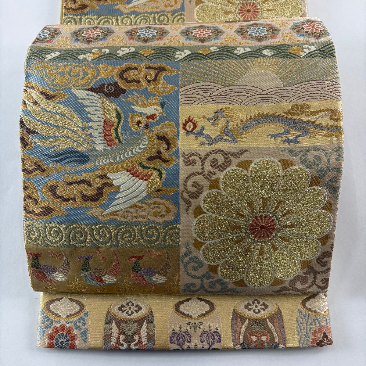 【美品】 袋帶 秀品級 華紋 鳳凰 金金箔 金絲 米色 六通 純蠶絲