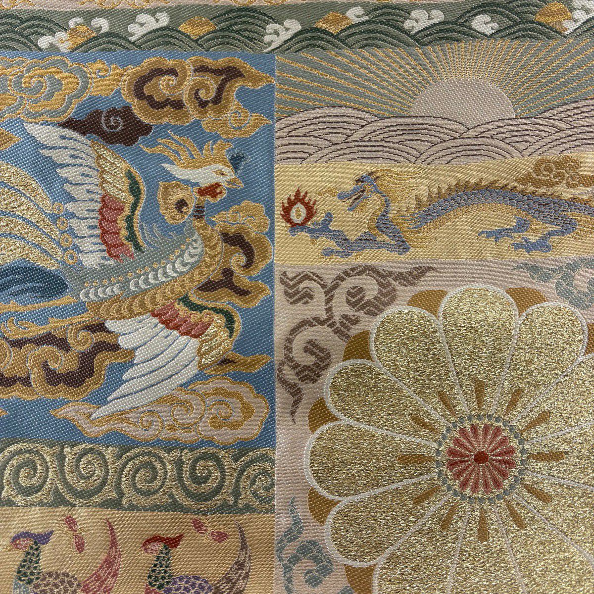 【美品】 袋帶 秀品級 華紋 鳳凰 金金箔 金絲 米色 六通 純蠶絲