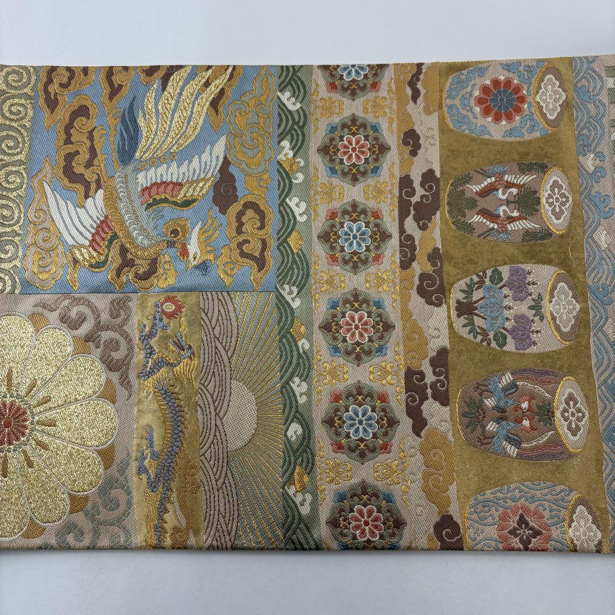 【美品】 袋帶 秀品級 華紋 鳳凰 金金箔 金絲 米色 六通 純蠶絲