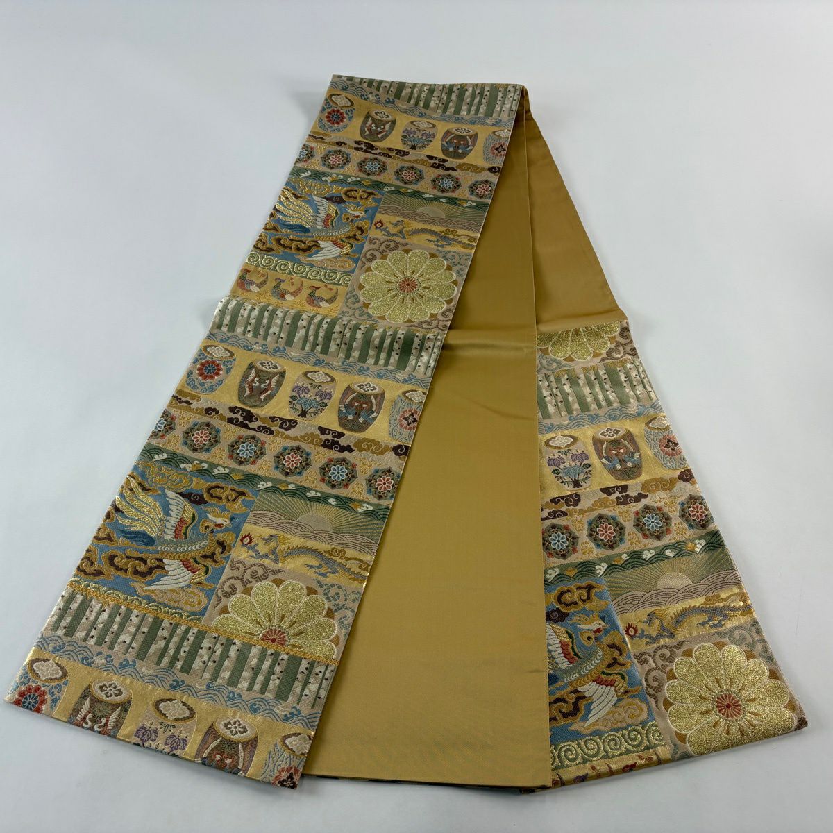【美品】 袋帶 秀品級 華紋 鳳凰 金金箔 金絲 米色 六通 純蠶絲