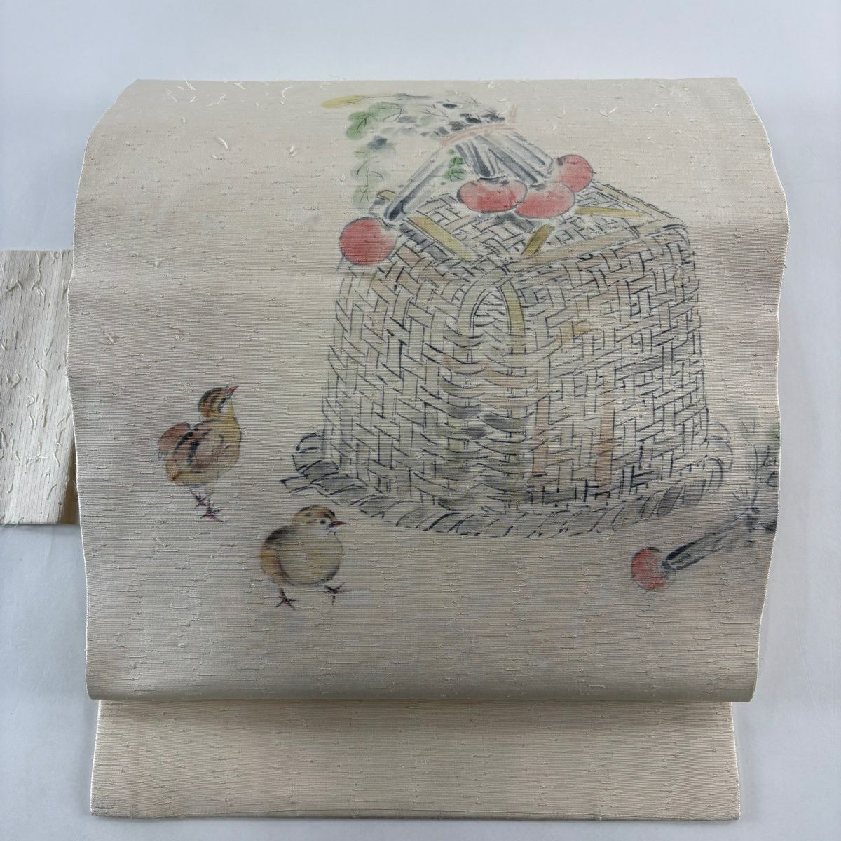 名古屋帶 秀品級 麻雀 籃子 米色 純蠶絲