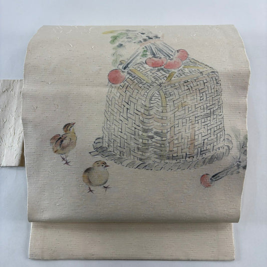 名古屋帶 秀品級 麻雀 籃子 米色 純蠶絲