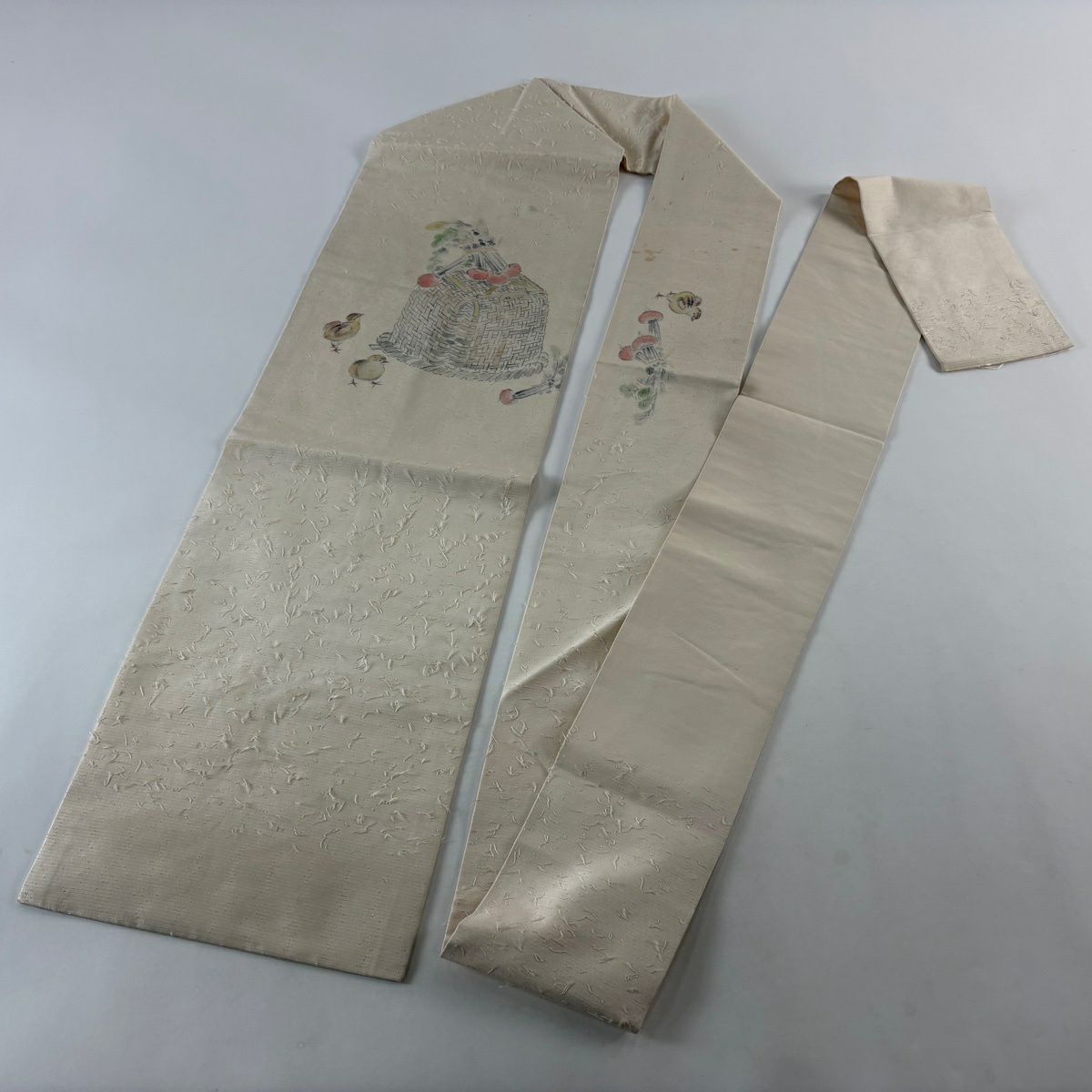 名古屋帶 秀品級 麻雀 籃子 米色 純蠶絲