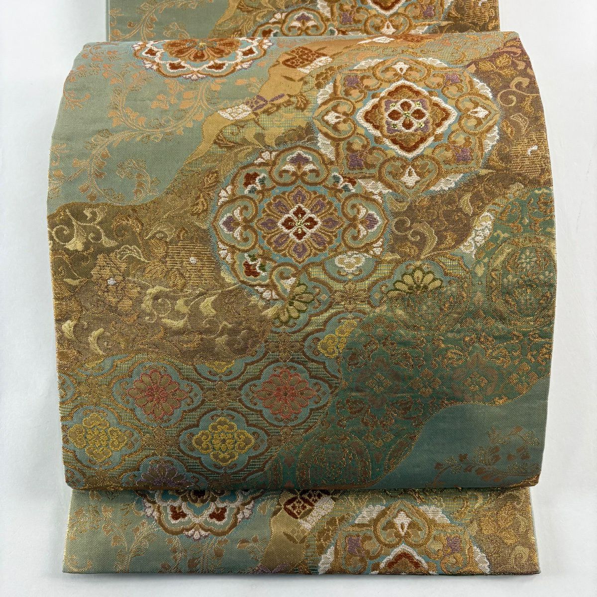 【美品】 袋帶 秀品級 大和 華紋 花唐草紋 金金箔 金絲 灰綠 六通 純蠶絲