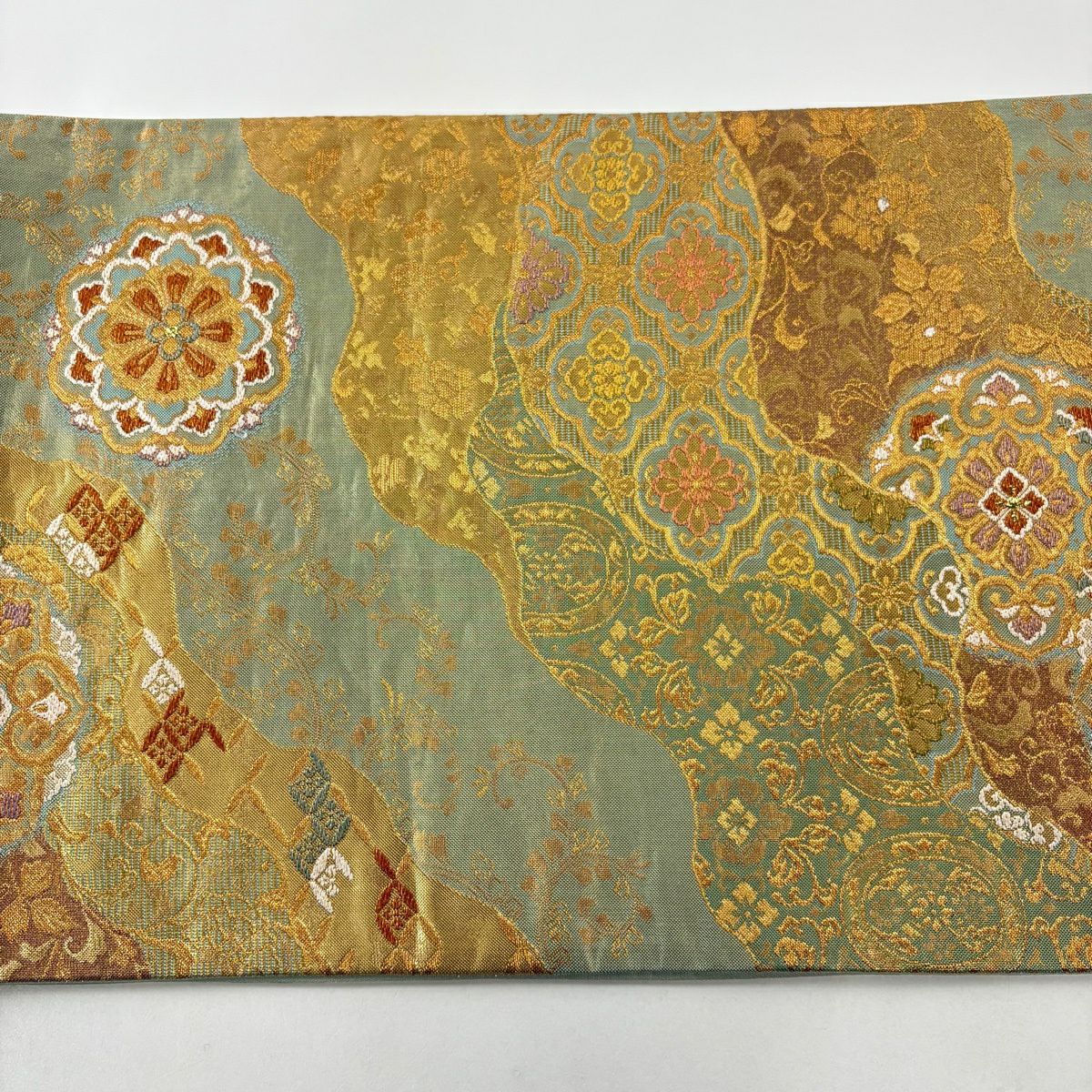 【美品】 袋帶 秀品級 大和 華紋 花唐草紋 金金箔 金絲 灰綠 六通 純蠶絲