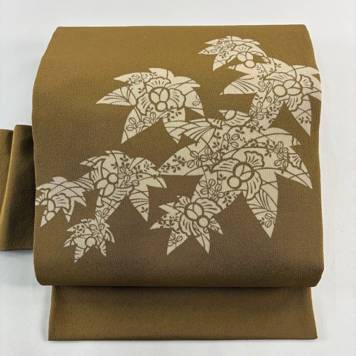 名古屋帶 秀品級 附落款 伊勢型染 膨雀 萩 縮緬 山吹茶 純蠶絲