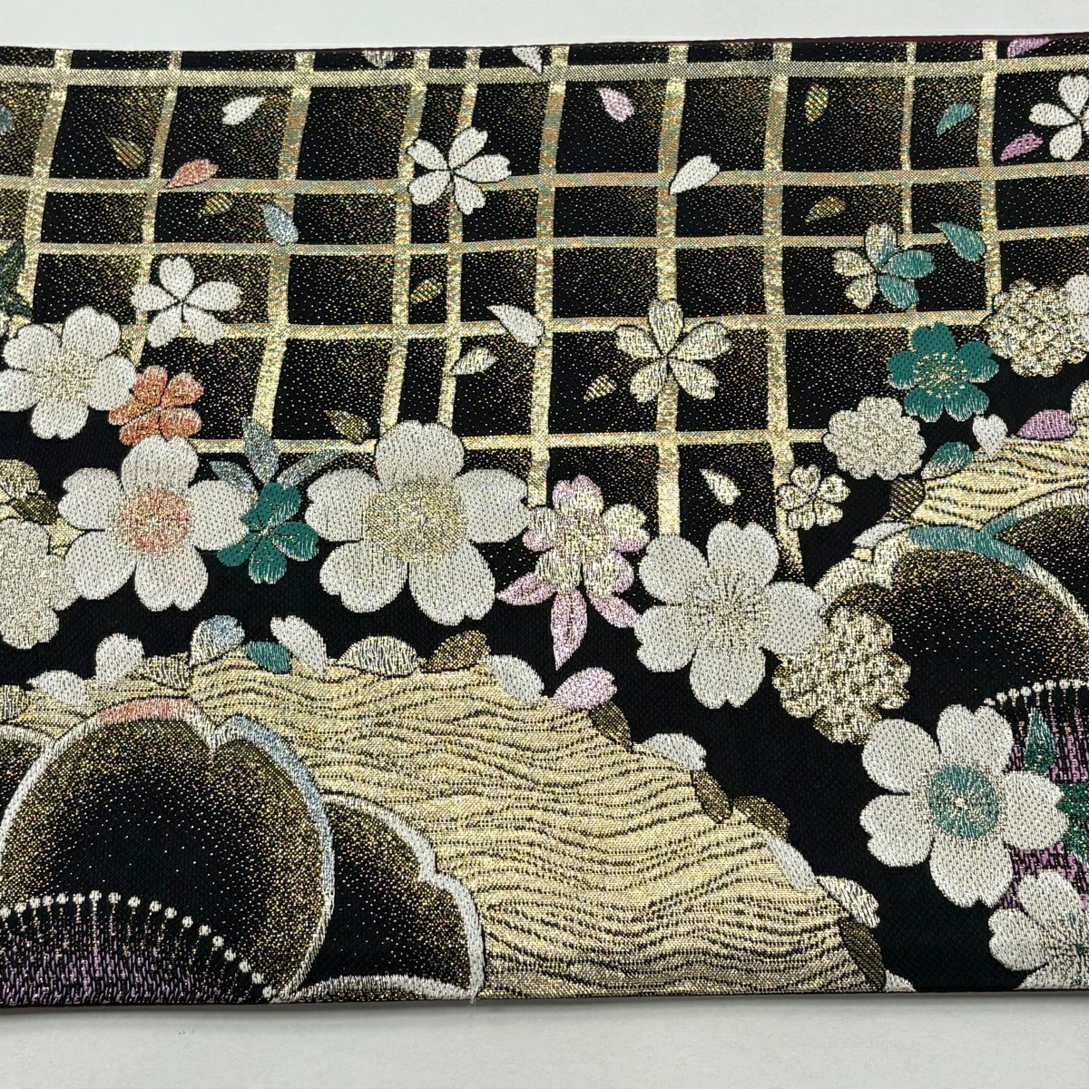 袋帶 秀品級櫻花花瓣 銀線 金金箔 黑 六通 純蠶絲