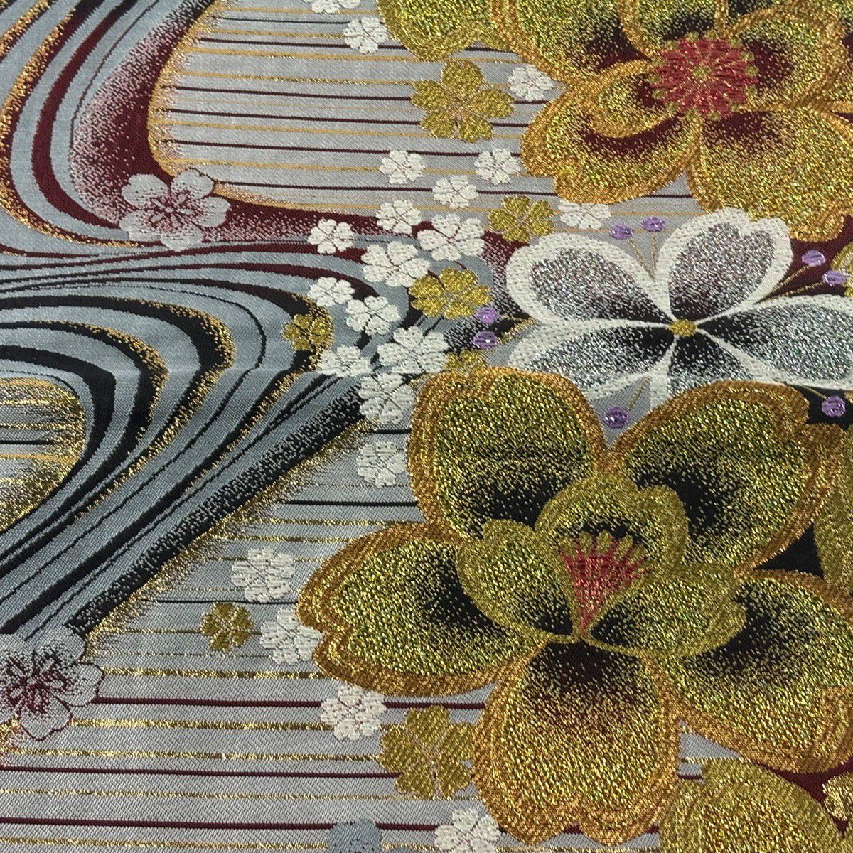 【美品】 袋帶 秀品級 献上櫻花 流水 金絲 金金箔 灰色 六通 純蠶絲