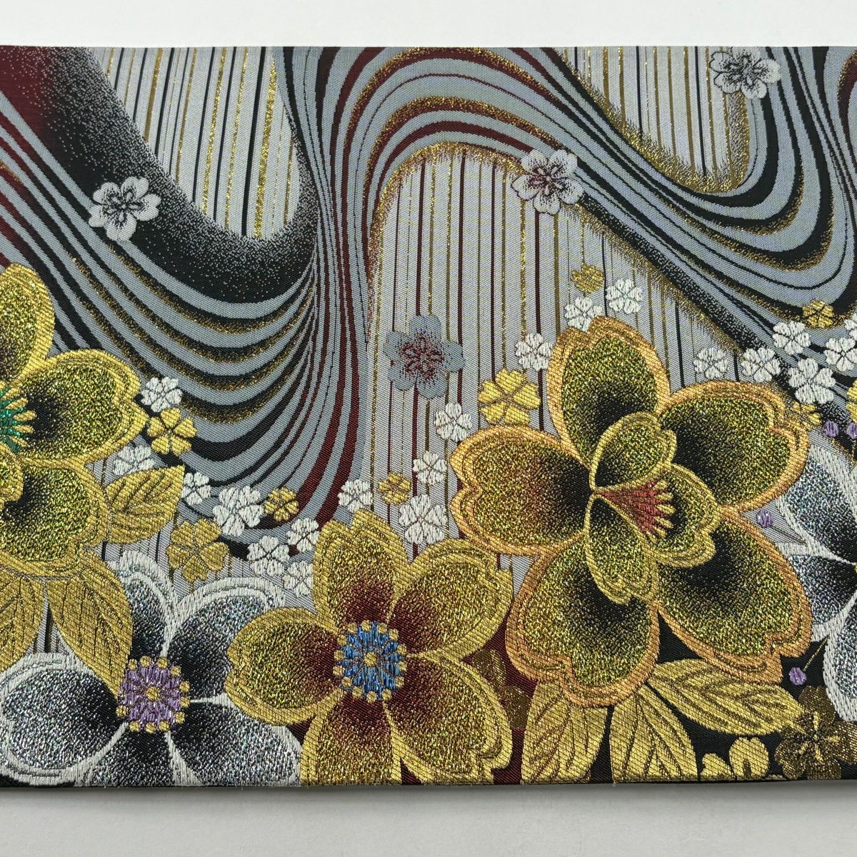 【美品】 袋帶 秀品級 献上櫻花 流水 金絲 金金箔 灰色 六通 純蠶絲