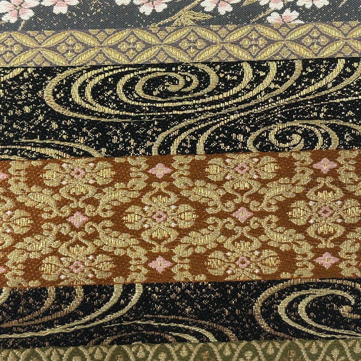 袋帶 秀品級 西陣織元謹製 古代間道 櫻 流水 金絲 黑 六通 純蠶絲