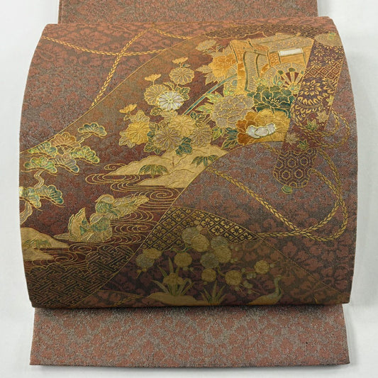 袋帶 秀品級 卷物 御所車 螺鈿 金彩裝飾 紅茶 大鼓圖案 純蠶絲