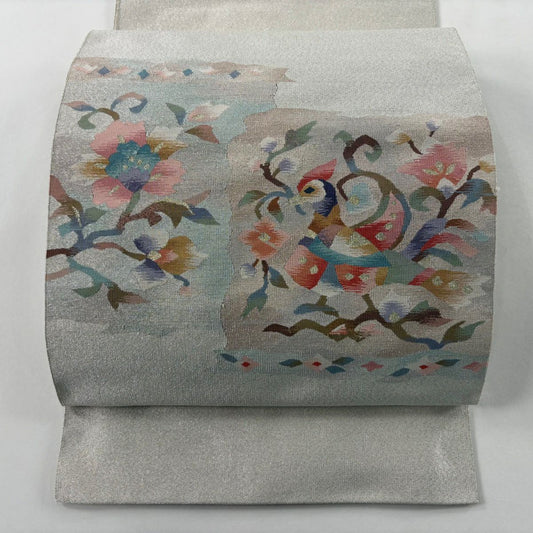 名古屋帶 優品級 八寸名古屋帶 松樹葉仕立 雜色仕立 草花紋紋 鳥 金銀彩 白 純蠶絲